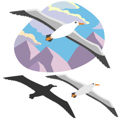 White albatross flies spread its wings on a background of clouds and mountains