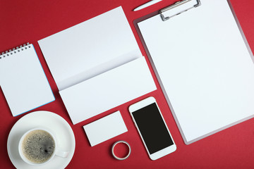 White stationery branding, stage layout on a soft colored background, empty objects to accommodate...