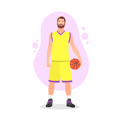 Young adult man with beard in a basketball outfit or uniform standing and holding a ball. Basketball match or competition concept. Yellow and purple - Simple flat vector character illustration.