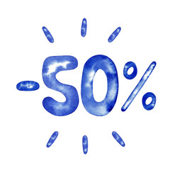 Minus 50 percent, 50%, fifty percent in blue for flyer, poster, shopping, sign, discount, marketing, selling, banner, web, header, watercolor illustration