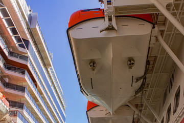  Lifeboats. Тouristic liner with rescue boats close-up. 