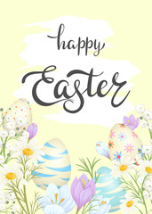 Easter card with painted eggs and spring flowers