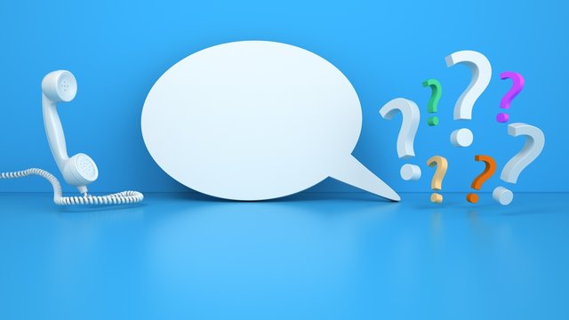 Phone handset with a speech bubble and question mark on the blue background. 3d illustration.