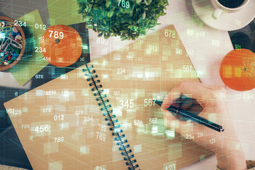 Double exposure of writing hand on background with data solution technology hologram. Ai concept.