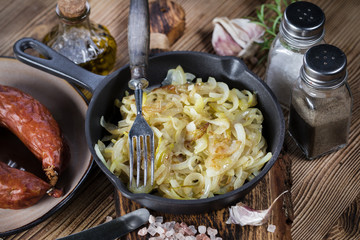 Fried onion in a cast iron skillet.