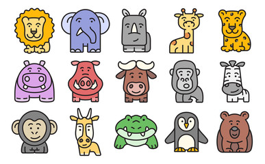 Set of animal icons in color in a modern flat style. Simple linear vector characters.