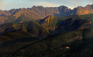 Panoramic view of High Tatra Mountains with Kasprowy Wierch, Czerwone Wierchy and Swinica peaks...