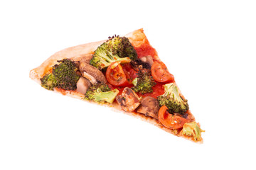 A slice of pizza with veggie vegetables, top view, isolated on white