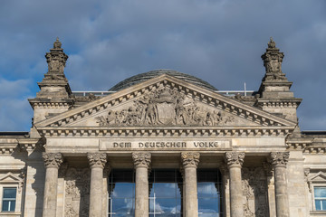 Pediment of Reichstag building (Bundestag) of Berlin with the inscripted dedication ´Dem deutschen Volke´ German for ´To the German people´