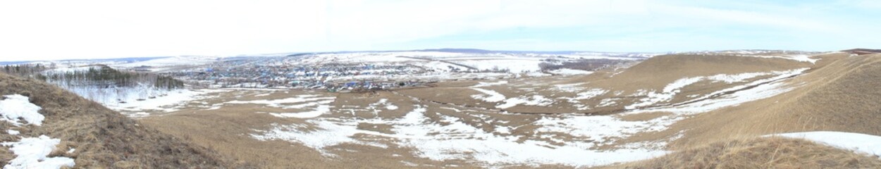panorama of hills, top view of the village