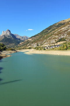 Bubal reservoir and Hoz de Jaca village, Huesca province, Aragon, Spain