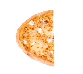 Half of pizza five cheeses, isolated on white, top view