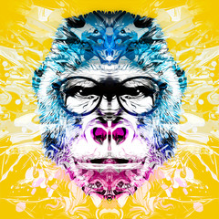 artistic monkey muzzle in eyeglasses on yellow background