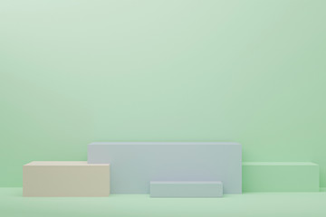 Minimal 3d rendering scene with composition empty step cube shades of colorful pastel podium for cosmetic product and abstract background. mock up geometric shape in pastel colors. 3d illustration