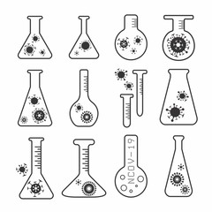 Virus vaccine research vector flask icons set