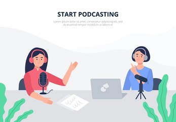 Women start podcasting. A young woman in headphones interviewing the invited expert. Podcasting on the internet, online radio. Flat vector illustration for banner, cover, ad.