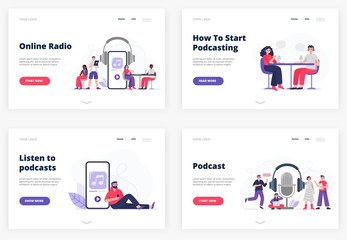 Obraz na płótnie Canvas Flat vector Illustrations for landing page templates. A listener with headphones. Man and woman start podcasting. The cool team gets ready to be on air. Radio hosts recording podcasts.