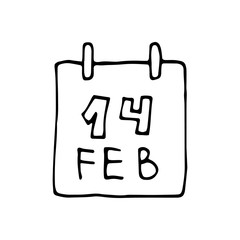 Single hand drawn element calendar,14 february for greeting cards, posters, stickers and seasonal design. Isolated on white background. Doodle vector illustration.