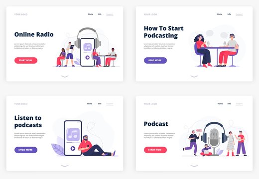 Flat vector Illustrations for landing page templates. A listener with headphones. Man and woman start podcasting. The cool team gets ready to be on air. Radio hosts recording podcasts.