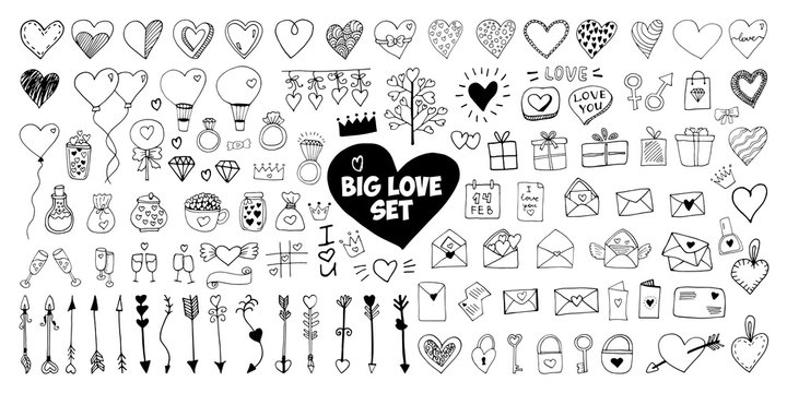 Big set doodle vector elements for valentine's day cards, posters, wrapping and design. Hand drawn heart, isolated on white backdrop. Geometric shape and symbol.