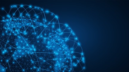 A worldwide network of global communications. Network connection optimization technology. Polygonal map of the world. Blue background.