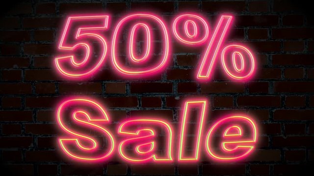 Illuminated Fifty Percent Sale text Sign moving in neon color on screen,season store sale