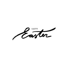 Happy Easter hand lettering with gold realistic looking ester eggs. Vector typography. Quote as Pascha logo, promotion, poster, flyer, article, postcard, web-banner, invitation template.