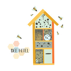 Bee hotel. Wood house with compartments and natural components. House in garden for insect. Flat vector illustration. Perfect for poster, print - 334706917