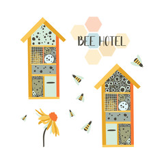 Bee hotel. Wood house with compartments and natural components. House in garden for insect. Flat vector illustration. Perfect for poster, print - 334706966