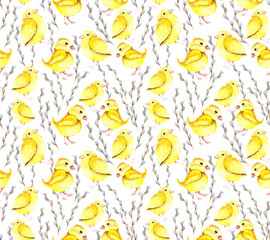 Seamless Easter pattern with yellow chicken and willow branch. Watercolor background for textiles, Wallpaper and packaging on the theme of animals, nature and the Easter holiday.