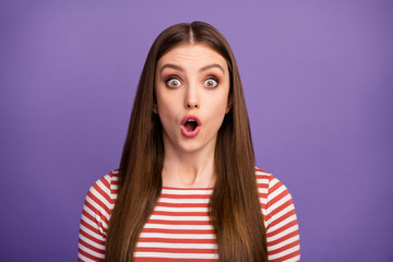 Closeup photo of attractive student lady long hairdo open mouth listen bad terrible unexpected news epic fail wear casual striped shirt isolated pastel purple color background