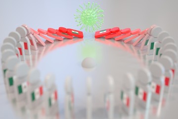 Virus topples dominoes with flag of Mexico. Coronavirus spread related conceptual 3D rendering