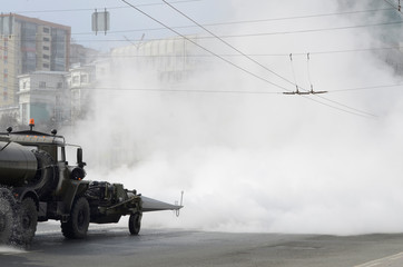 Sanitary treatment of the streets of Chelyabinsk from the coronavirus.