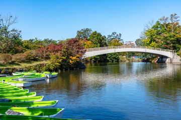 Fototapeta premium Onuma Quasi-National Park. Sunny day scenery landscape. Oshima Subprefecture, Town Nanae. Hokkaido, Japan