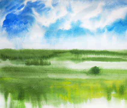 watercolor summer landscape and nature with blue sky, field and trees