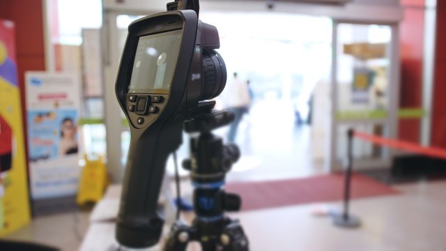 Temperature Check At A Supermarket, Grocery Store With Thermal Imaging Camera Installed. Image Monitoring Scanner To Monitor The Body Temp Of Visitor Customer. Coronavirus Pandemic Outbreak. Covid-19.