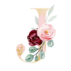 Letter J decorated watercolor painting flowers and leaf. Floral pink and gold monogram initials perfectly for wedding invitations, greeting card, logo, poster and other design. Holiday design.