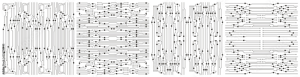 Aufkleber Complex circuit board background texture. Computer black and white vector background.