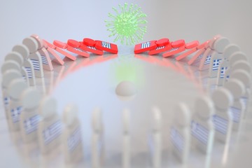 Virus topples dominoes with flag of Greece. Coronavirus spread related conceptual 3D rendering