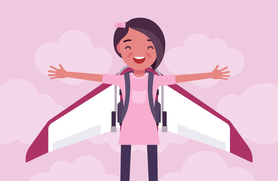 Happy Girl Child With A Jetpack. Kid Wearing A Space Backpack For Junior Superheroes Achievement, Active Leader Ready For Launching A Creative Business Startup. Vector Flat Style Cartoon Illustration