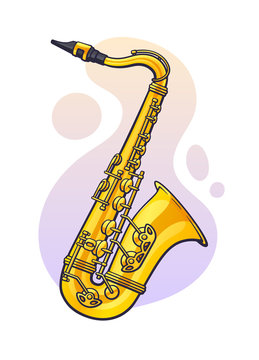 Vector illustration. Classical music wind instrument saxophone. Blues, jazz, ska, funk or orchestral equipment. Clip art with contour for graphic design. Isolated on white background