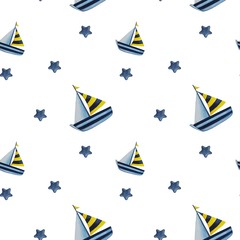 Seamless watercolor nautical pattern with cute boat and stars on white background