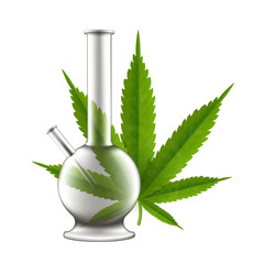 Cannabis smoking bong and marijuana leaf on white background.