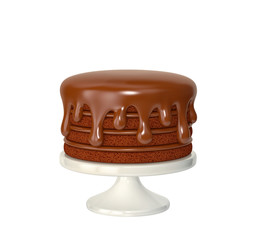 Chocolate cake on white cake stand isolated on white