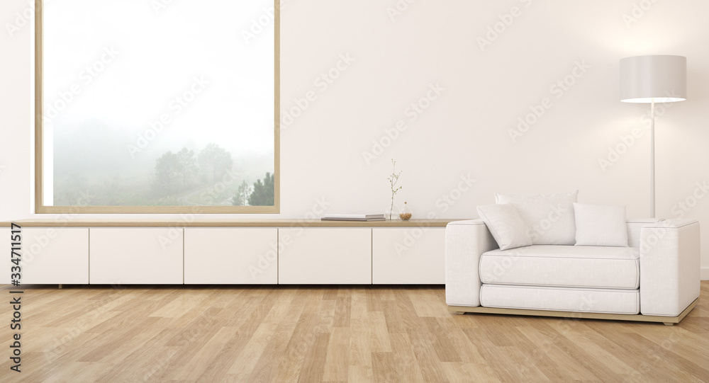 Poster view of living room in minimal style with white sofa and modern lamp on wood laminate floor with nat