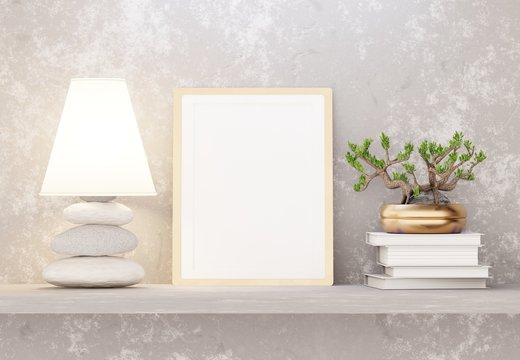Blank frame on the shelf. Poster template for inscriptions and photos. Lamp and home plant. Stack of books. Concrete wall. 3D rendering.
