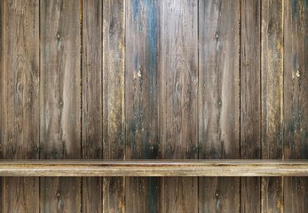 Empty wooden shelf on the wooden wall of a village house. Template for demonstration of objects. 3D rendering.