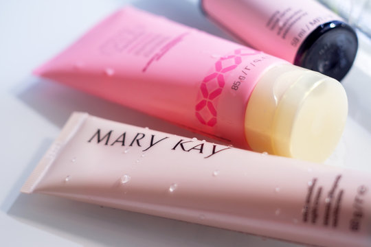 Tyumen, Russia - November 25, 2019: Hand cream close-up. Mary Kay is based in Addison, Texas. The company was founded by Mary Kay ash.