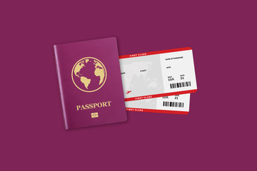 Red Realistic International Passport with Flight Tickets