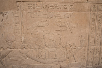 Magnificent and ancient temple of Edfu, located on the western bank of the Nile River in Egypt, Africa, dedicated to the god of the Dioese Horus.